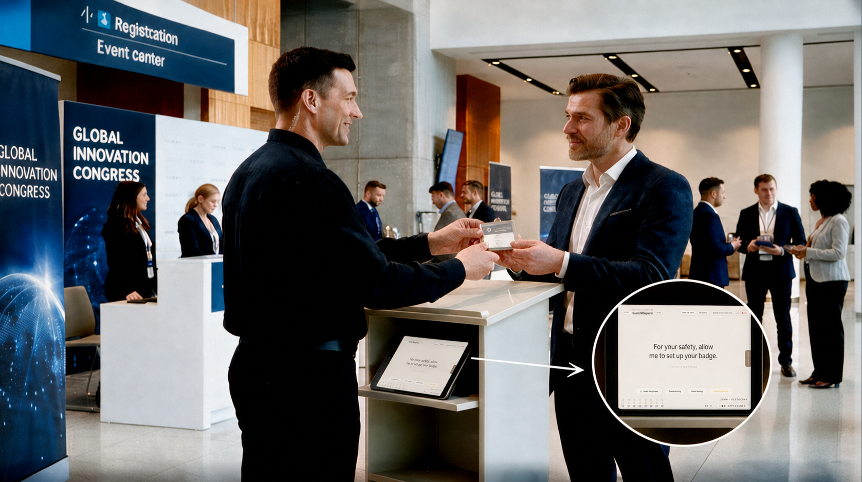 Event registration desk where staff prepares a badge, with a Guest Whisperer screen showing the phrase 'For your safety, allow me to set up your badge.'
