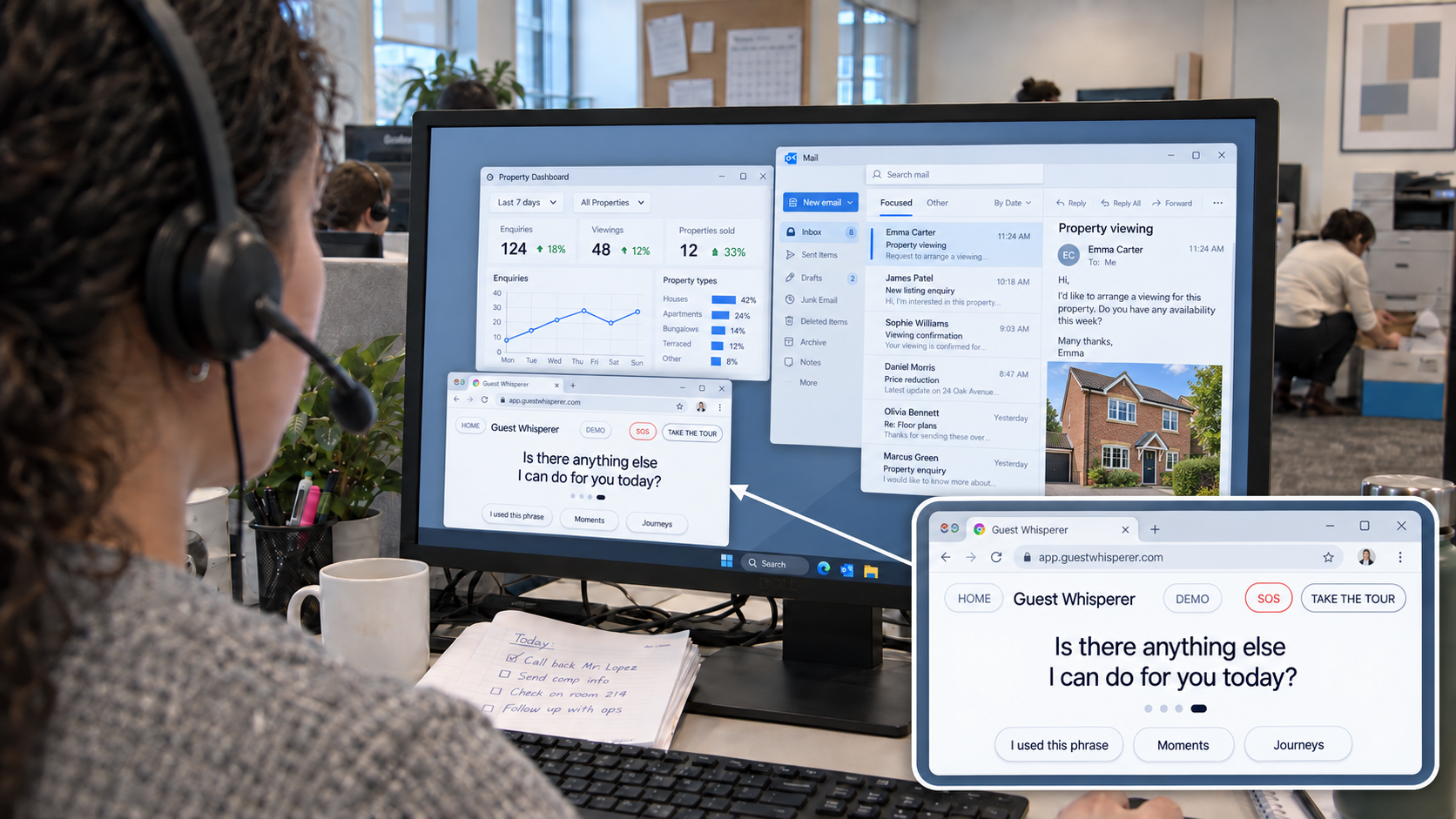 A colleague using the Guest Whisperer on her screen during a busy shift at the front desk.