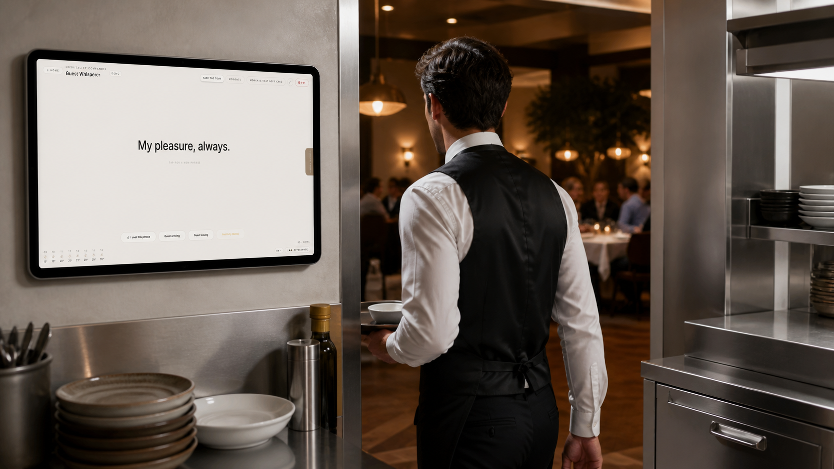 Restaurant pass where a waiter heads to the dining room, with a mounted Guest Whisperer screen showing the phrase 'My pleasure, always.'