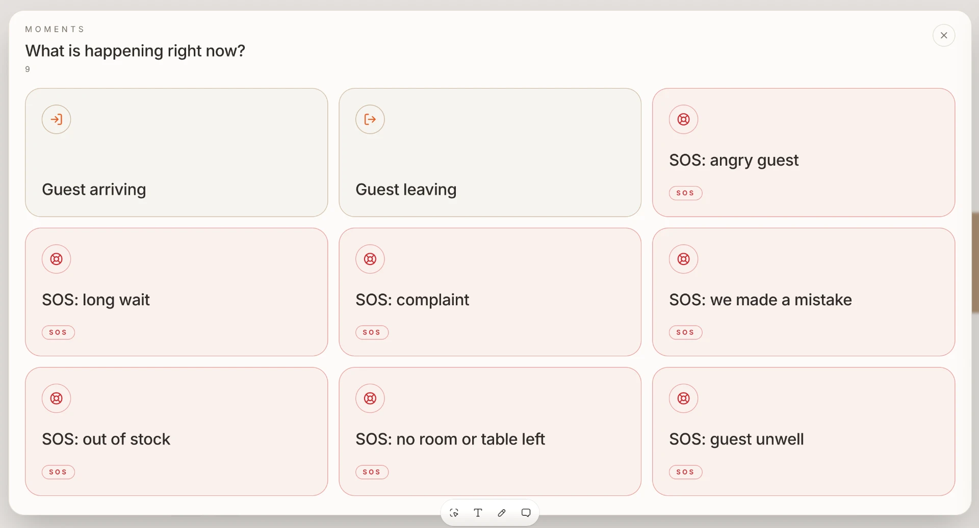 SOS menu showing nine situations, from a guest arriving to an angry guest, a complaint or a guest who is unwell.