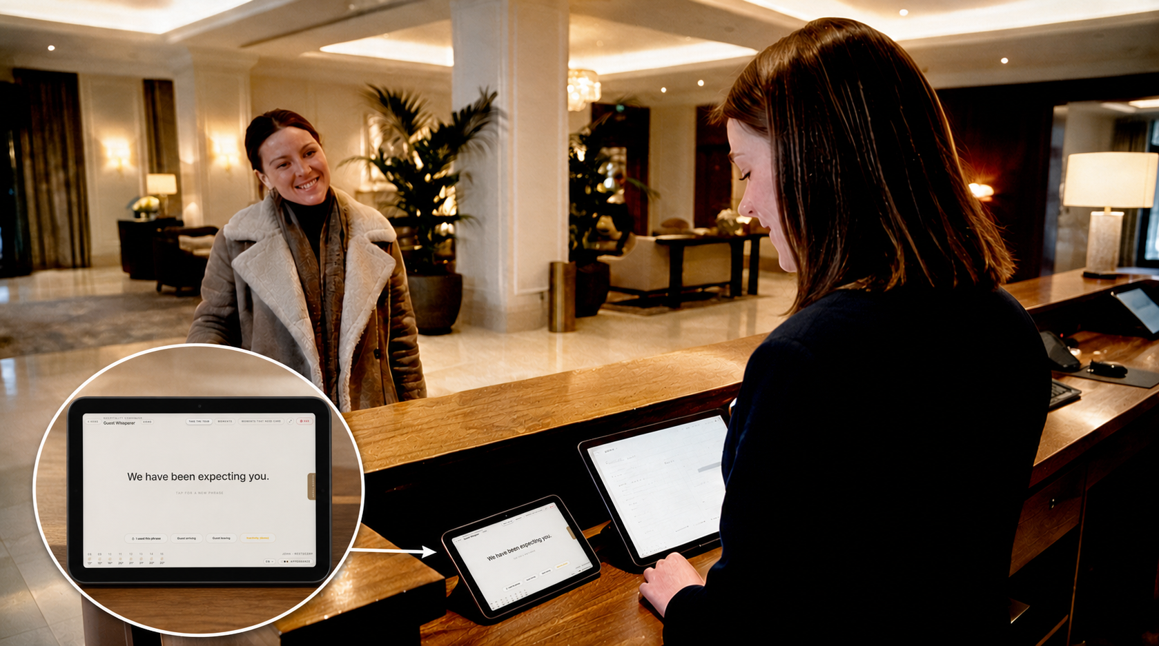 Hotel reception where a receptionist welcomes a guest, with a Guest Whisperer screen showing the phrase 'We have been expecting you.'